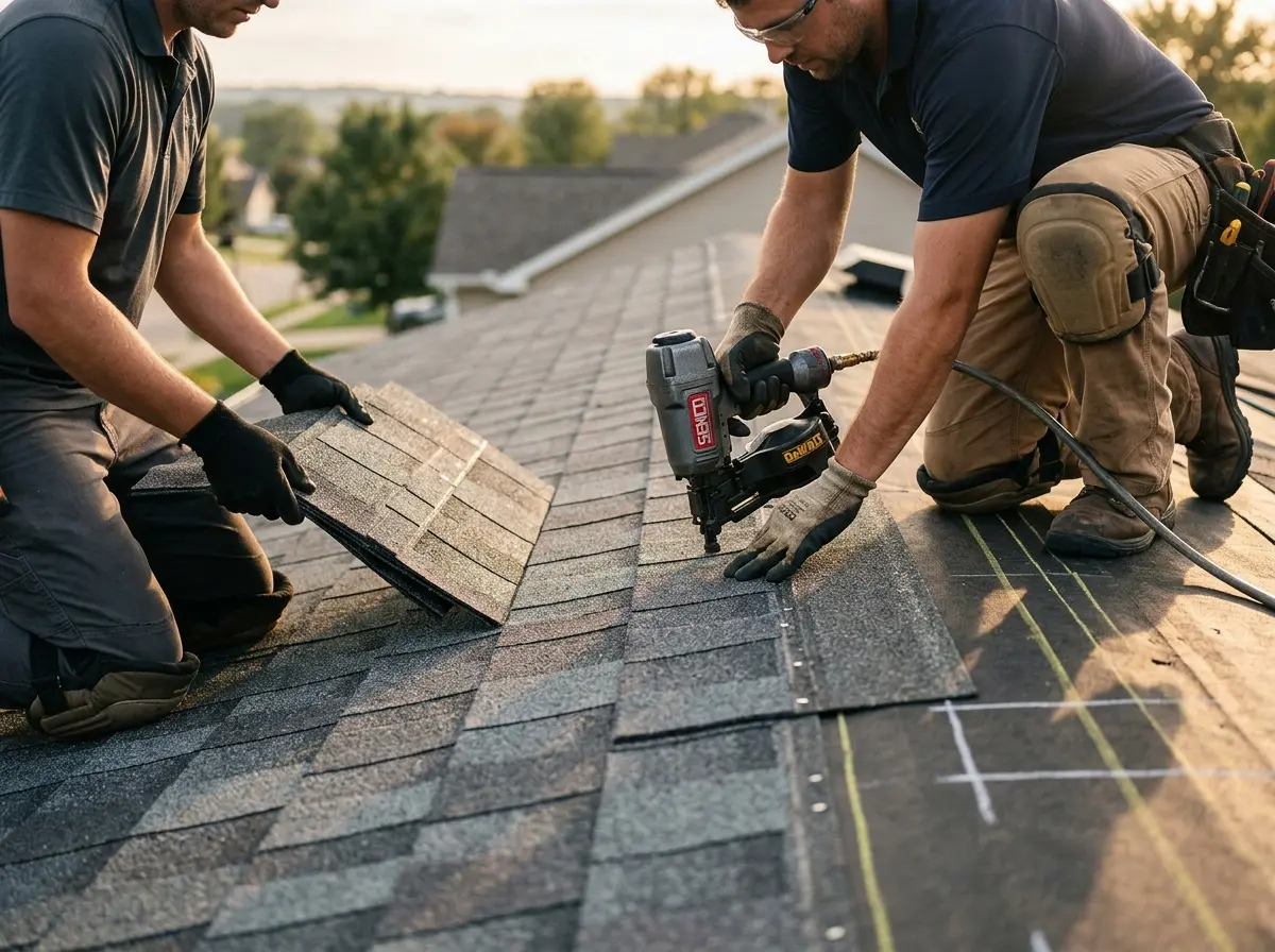 Professional roofer working on a residential roof in Ettrick